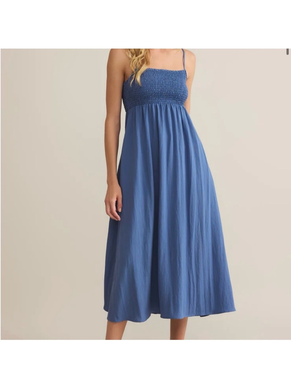 Zsupply Blue Smocked Midi Dress with Spaghetti Straps
